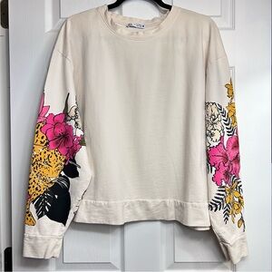 Zara Cream Sweatshirt with Floral Sleeves